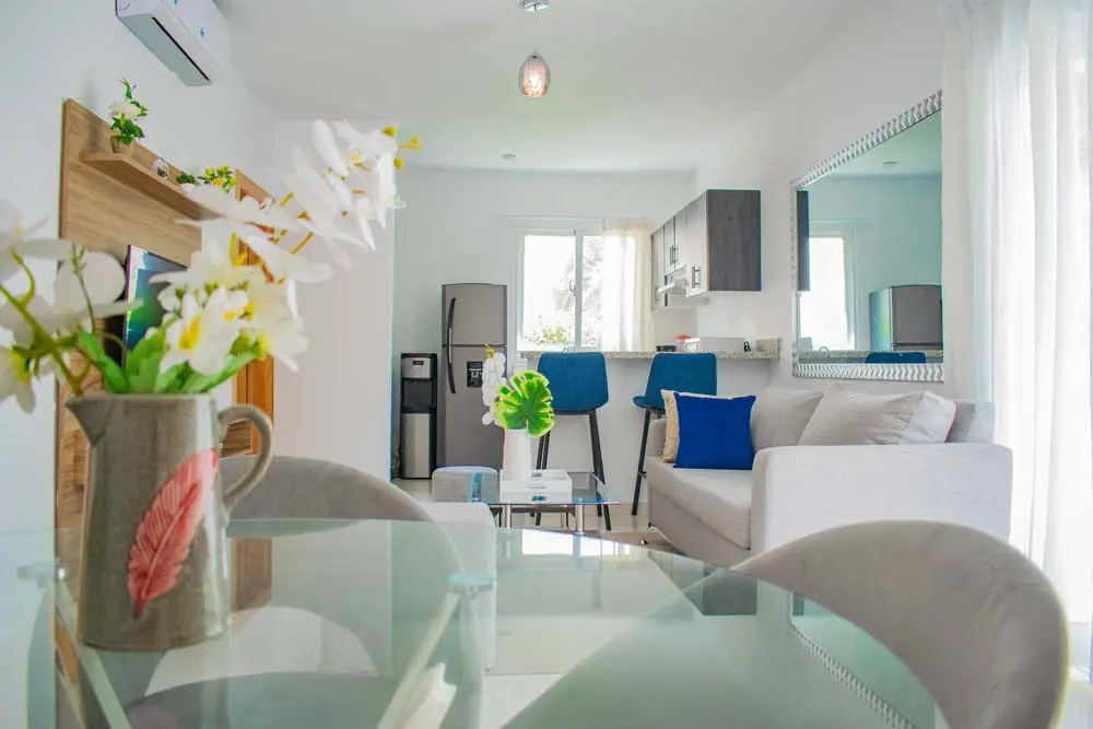 Interior, living room and kitchen views at Beach Apartamentos in Playa Palmera 